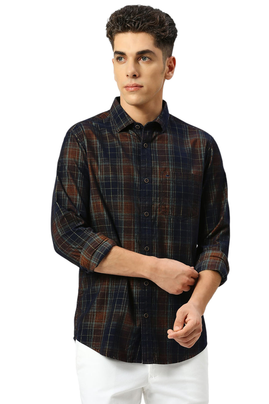 BASICS SLIM FIT NAVY BLAZE COTTON CORDUORY CHECKS SHIRT