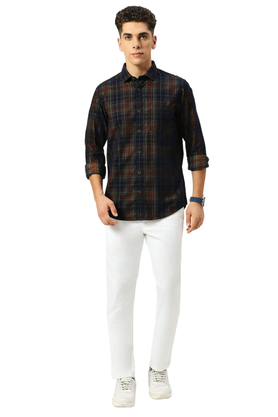 BASICS SLIM FIT NAVY BLAZE COTTON CORDUORY CHECKS SHIRT