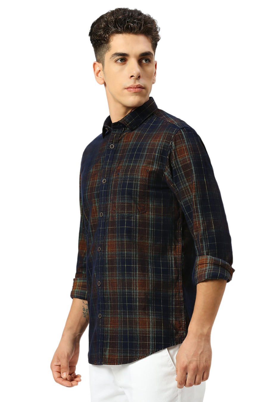 BASICS SLIM FIT NAVY BLAZE COTTON CORDUORY CHECKS SHIRT