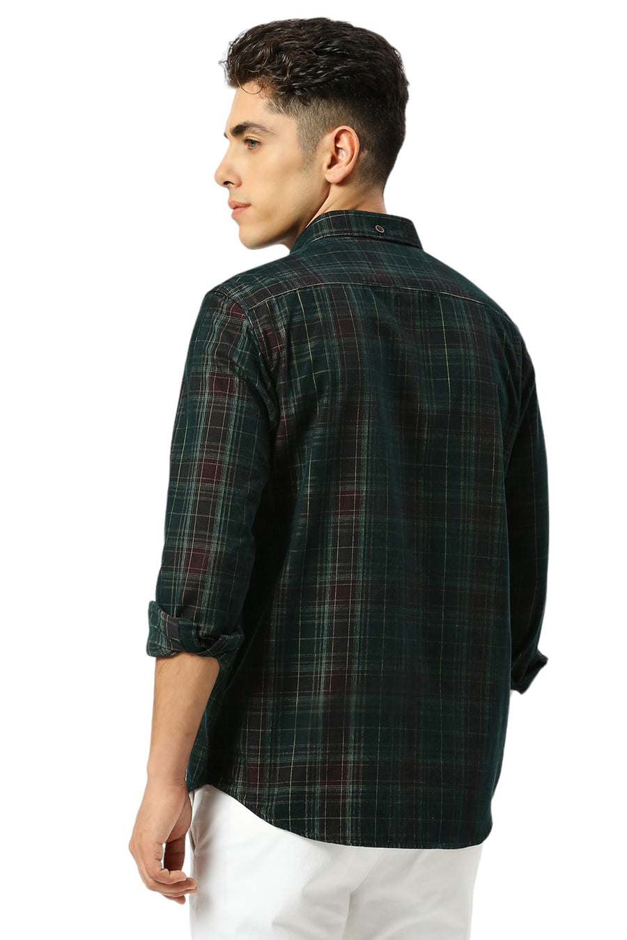 BASICS SLIM FIT FOREST OLIVE COTTON CORDUORY CHECKS SHIRT