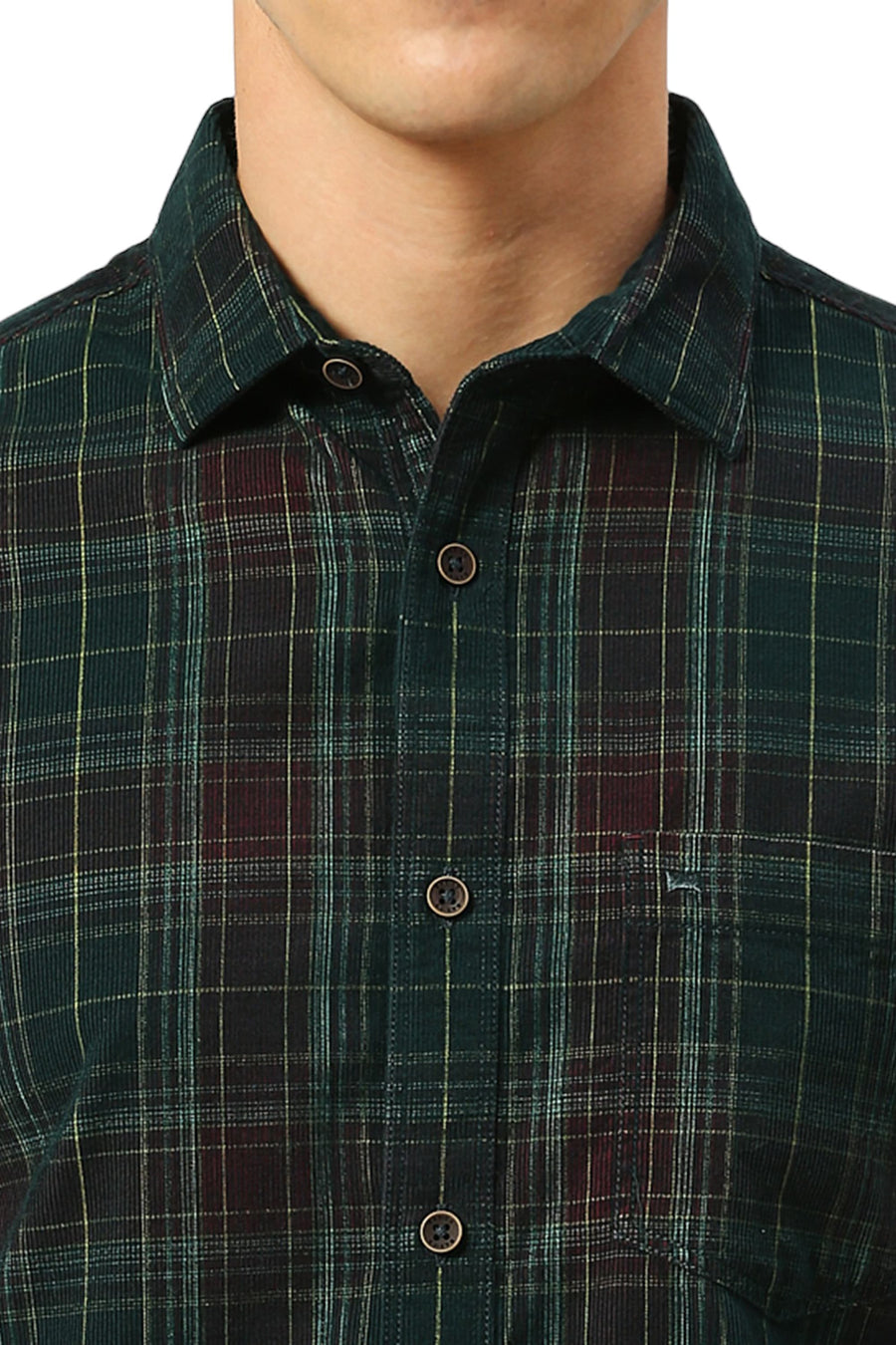 BASICS SLIM FIT FOREST OLIVE COTTON CORDUORY CHECKS SHIRT