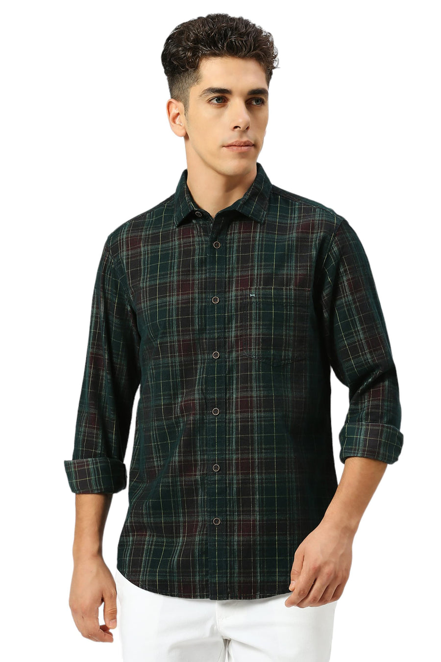 BASICS SLIM FIT FOREST OLIVE COTTON CORDUORY CHECKS SHIRT
