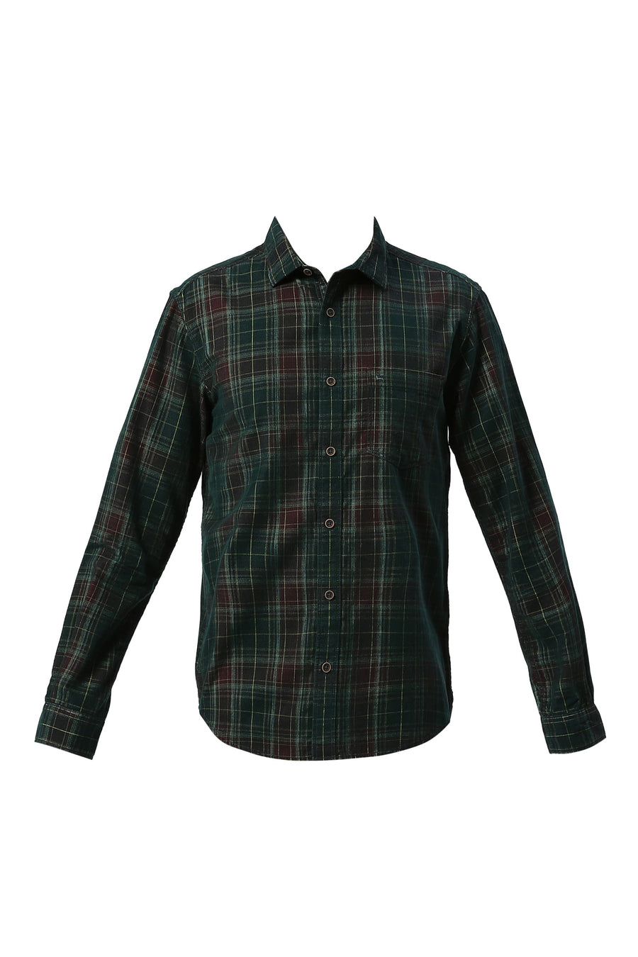 BASICS SLIM FIT FOREST OLIVE COTTON CORDUORY CHECKS SHIRT