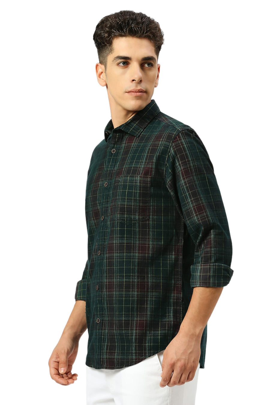 BASICS SLIM FIT FOREST OLIVE COTTON CORDUORY CHECKS SHIRT