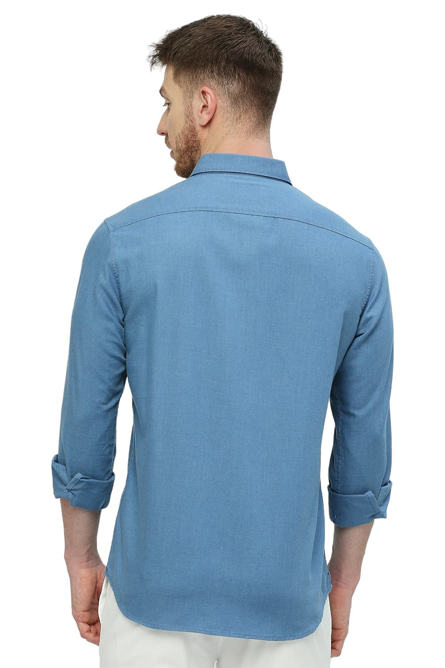 BASICS SLIM FIT NIAGARA BLUE POLYESTER COTTON LYOCEL TWILL MELANGE SHIRT