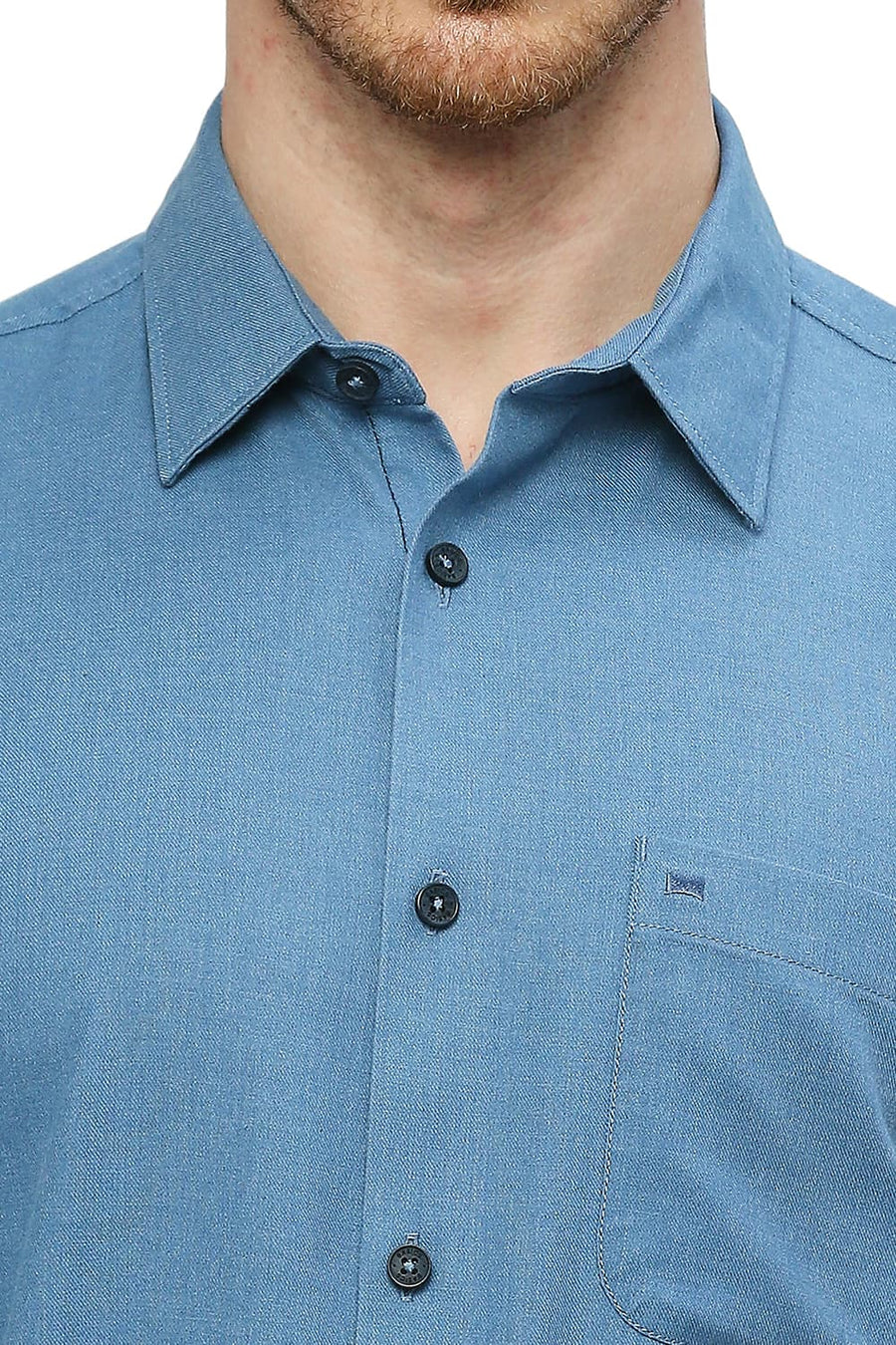 BASICS SLIM FIT NIAGARA BLUE POLYESTER COTTON LYOCEL TWILL MELANGE SHIRT