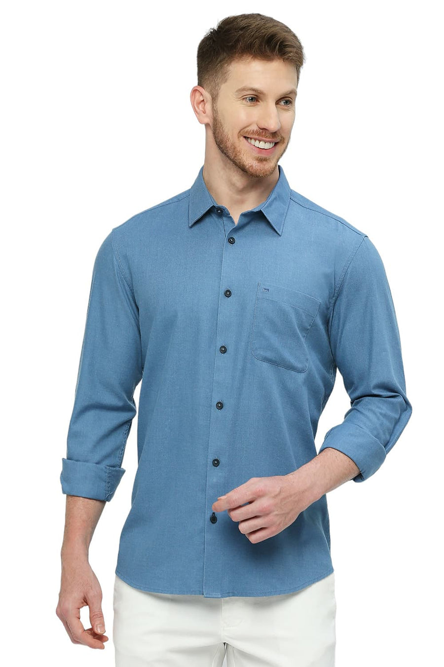BASICS SLIM FIT NIAGARA BLUE POLYESTER COTTON LYOCEL TWILL MELANGE SHIRT