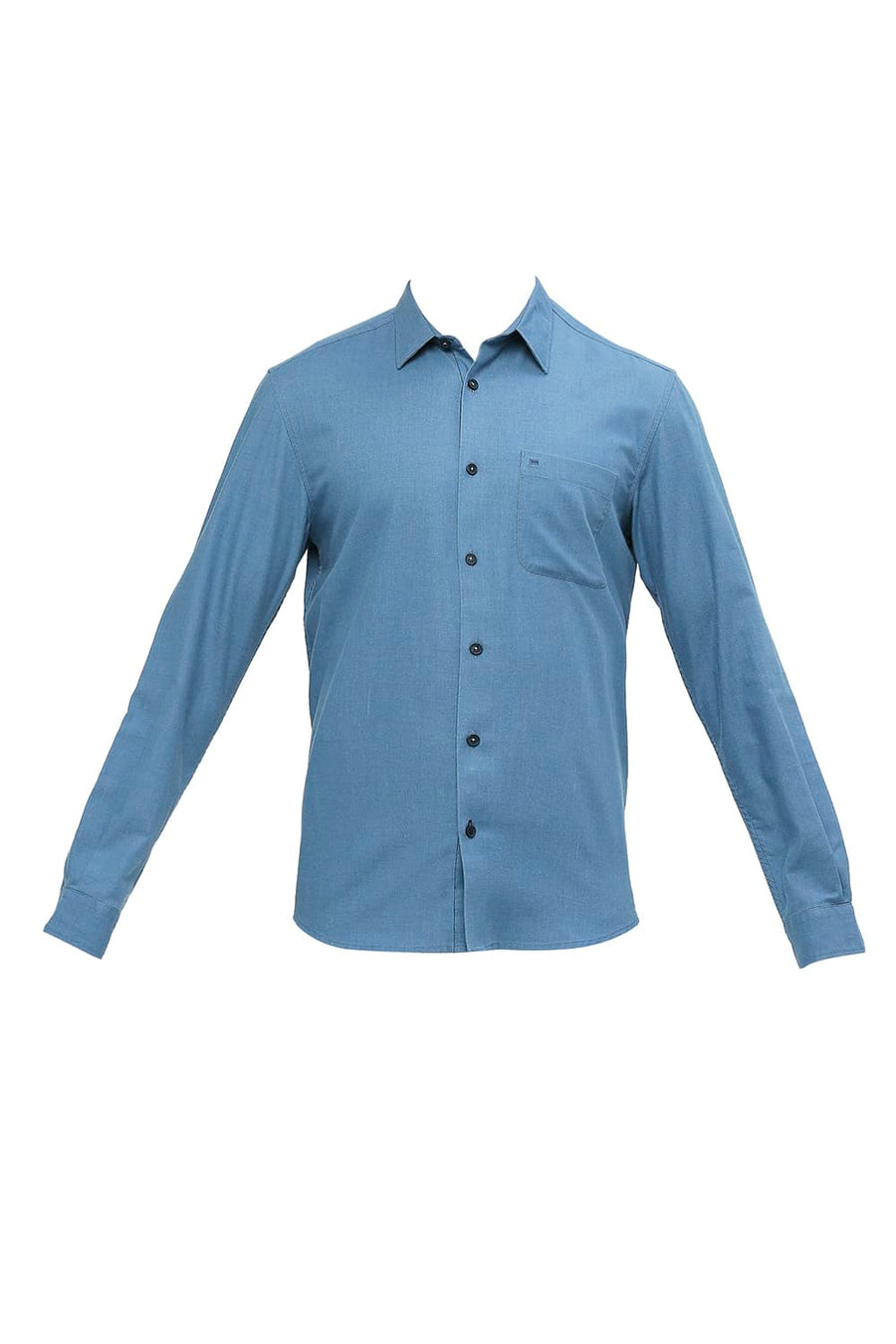 BASICS SLIM FIT NIAGARA BLUE POLYESTER COTTON LYOCEL TWILL MELANGE SHIRT