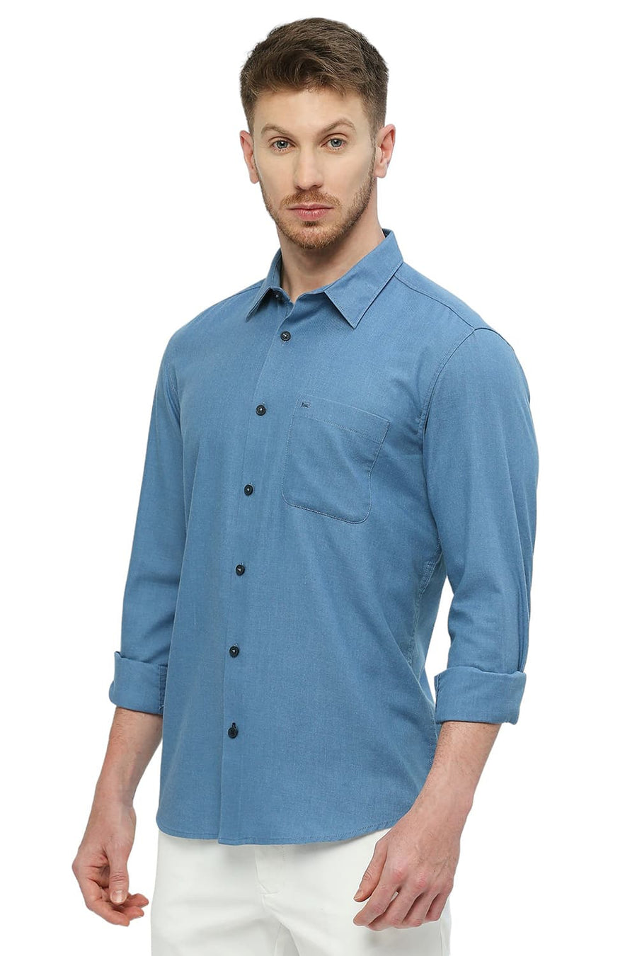 BASICS SLIM FIT NIAGARA BLUE POLYESTER COTTON LYOCEL TWILL MELANGE SHIRT