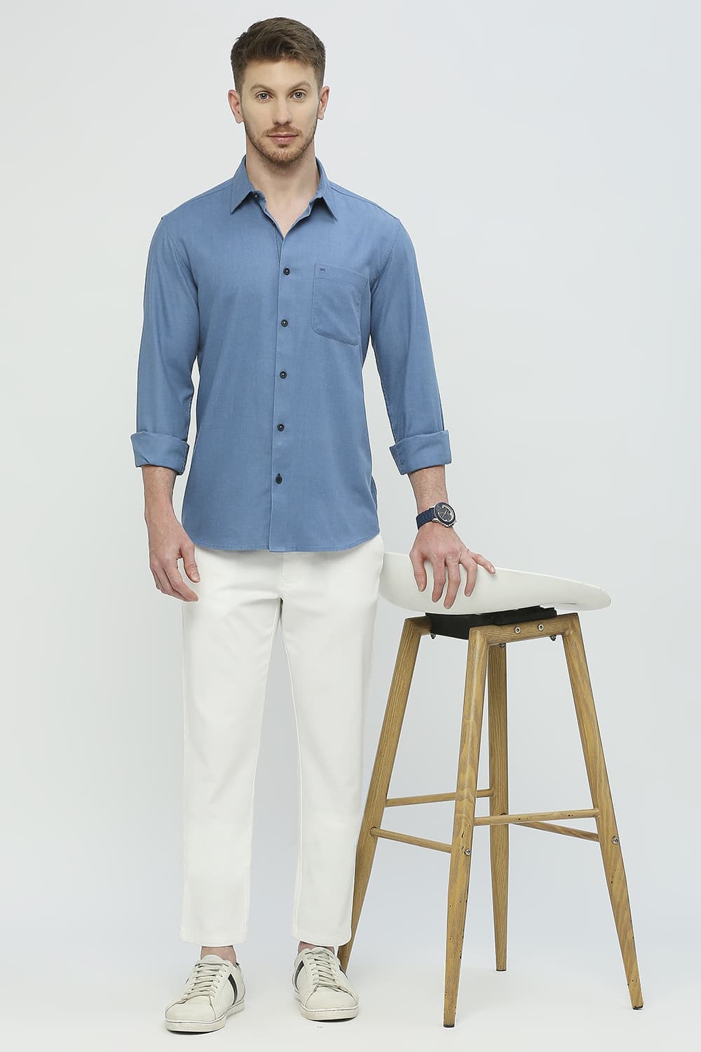 Slim Fit Polyester Cotton Lyocel Twill Melange Shirt