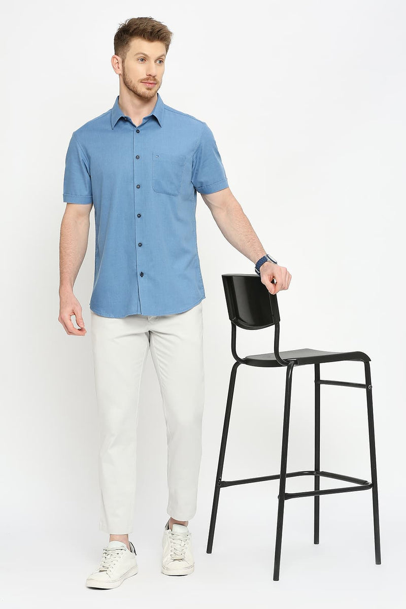 Slim Fit Polyester Cotton Lyocel Twill Melange Halfsleeves Shirt