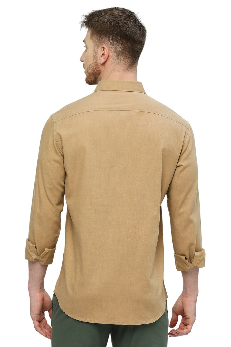BASICS SLIM FIT BISCUIT KHAKI POLYESTER COTTON LYOCEL TWILL MELANGE SHIRT