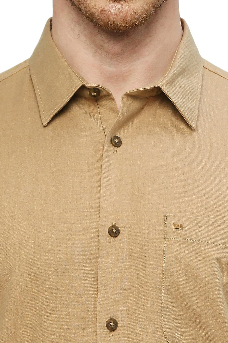 BASICS SLIM FIT BISCUIT KHAKI POLYESTER COTTON LYOCEL TWILL MELANGE SHIRT