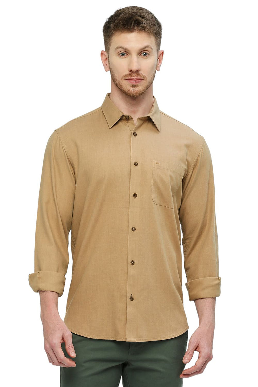 BASICS SLIM FIT BISCUIT KHAKI POLYESTER COTTON LYOCEL TWILL MELANGE SHIRT