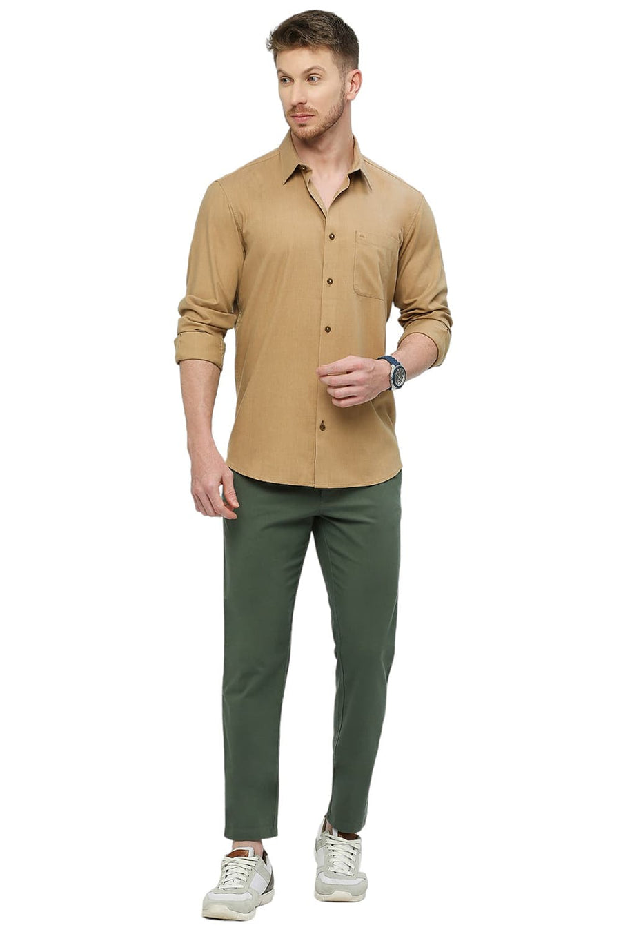 BASICS SLIM FIT BISCUIT KHAKI POLYESTER COTTON LYOCEL TWILL MELANGE SHIRT