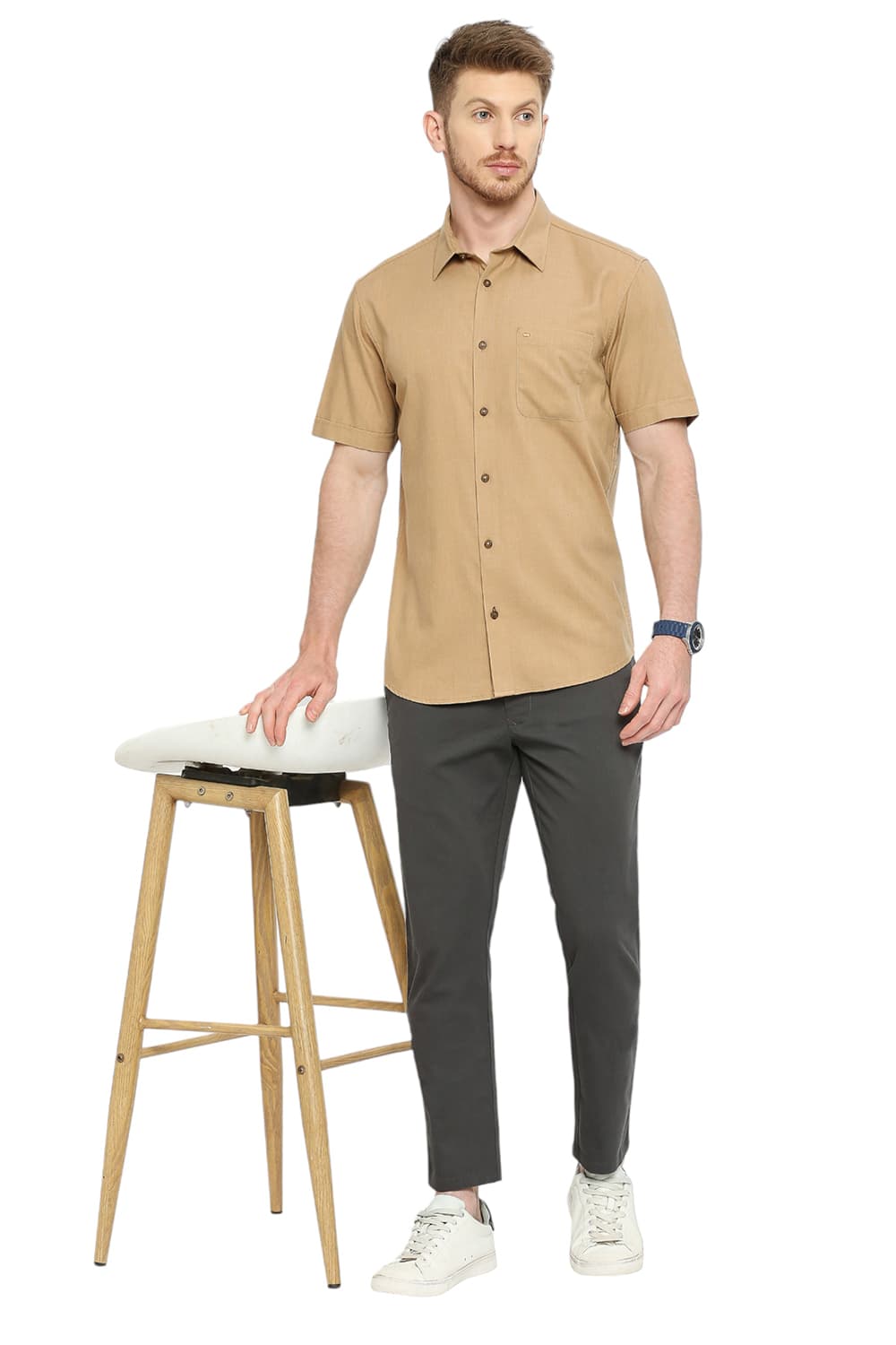 BASICS SLIM FIT POLYESTER COTTON LYOCEL TWILL MELANGE HALFSLEEVES SHIRT