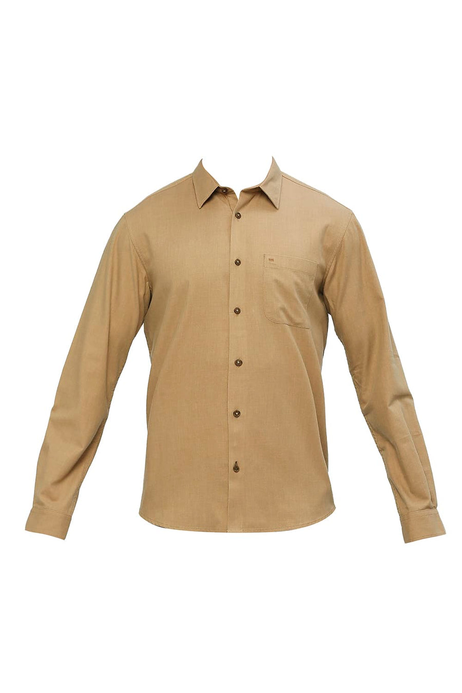 BASICS SLIM FIT BISCUIT KHAKI POLYESTER COTTON LYOCEL TWILL MELANGE SHIRT