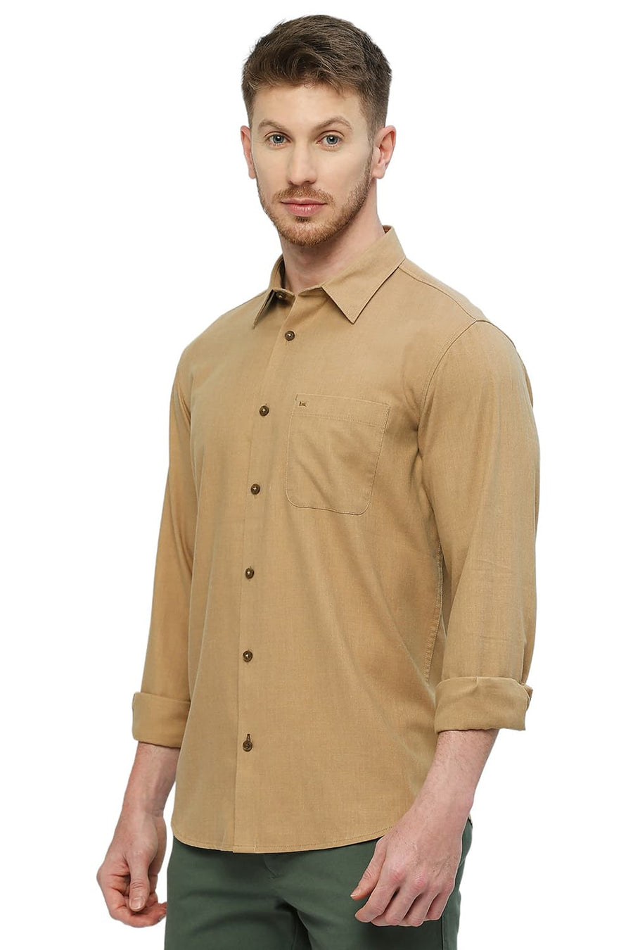 BASICS SLIM FIT BISCUIT KHAKI POLYESTER COTTON LYOCEL TWILL MELANGE SHIRT