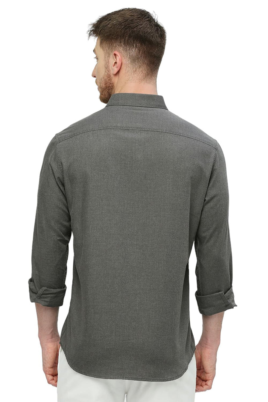 BASICS SLIM FIT SHARK GREY POLYESTER COTTON LYOCEL TWILL MELANGE SHIRT