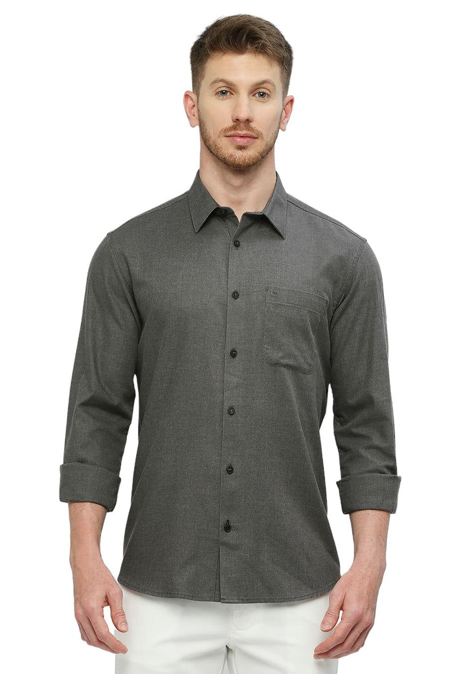 BASICS SLIM FIT SHARK GREY POLYESTER COTTON LYOCEL TWILL MELANGE SHIRT
