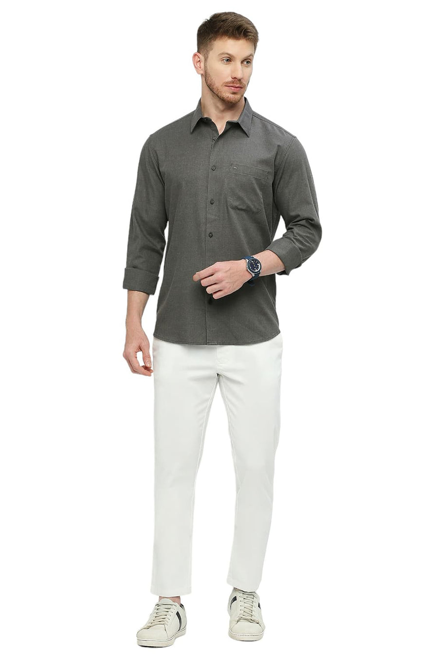 BASICS SLIM FIT SHARK GREY POLYESTER COTTON LYOCEL TWILL MELANGE SHIRT