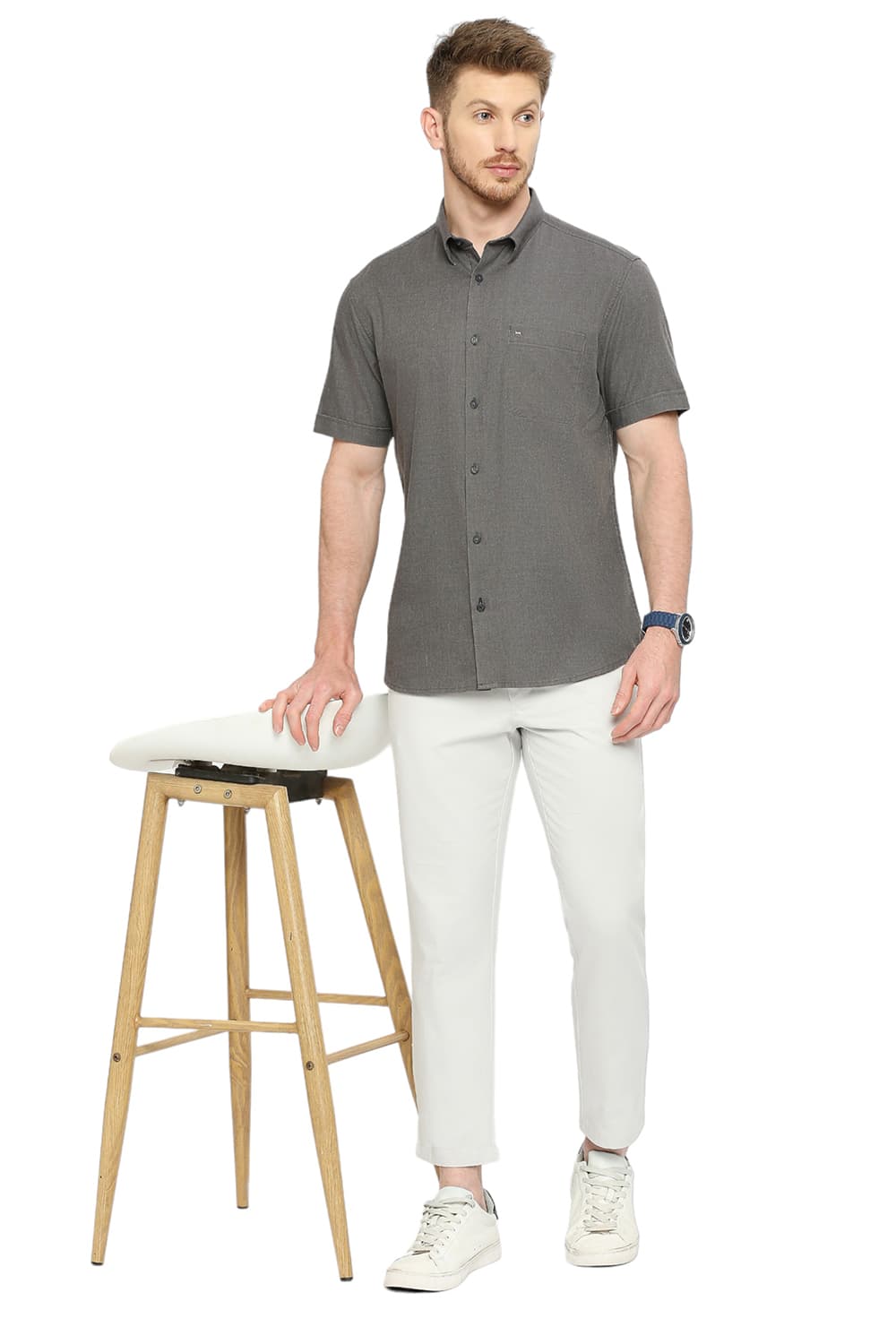 BASICS SLIM FIT POLYESTER COTTON LYOCEL TWILL MELANGE HALFSLEEVES SHIRT