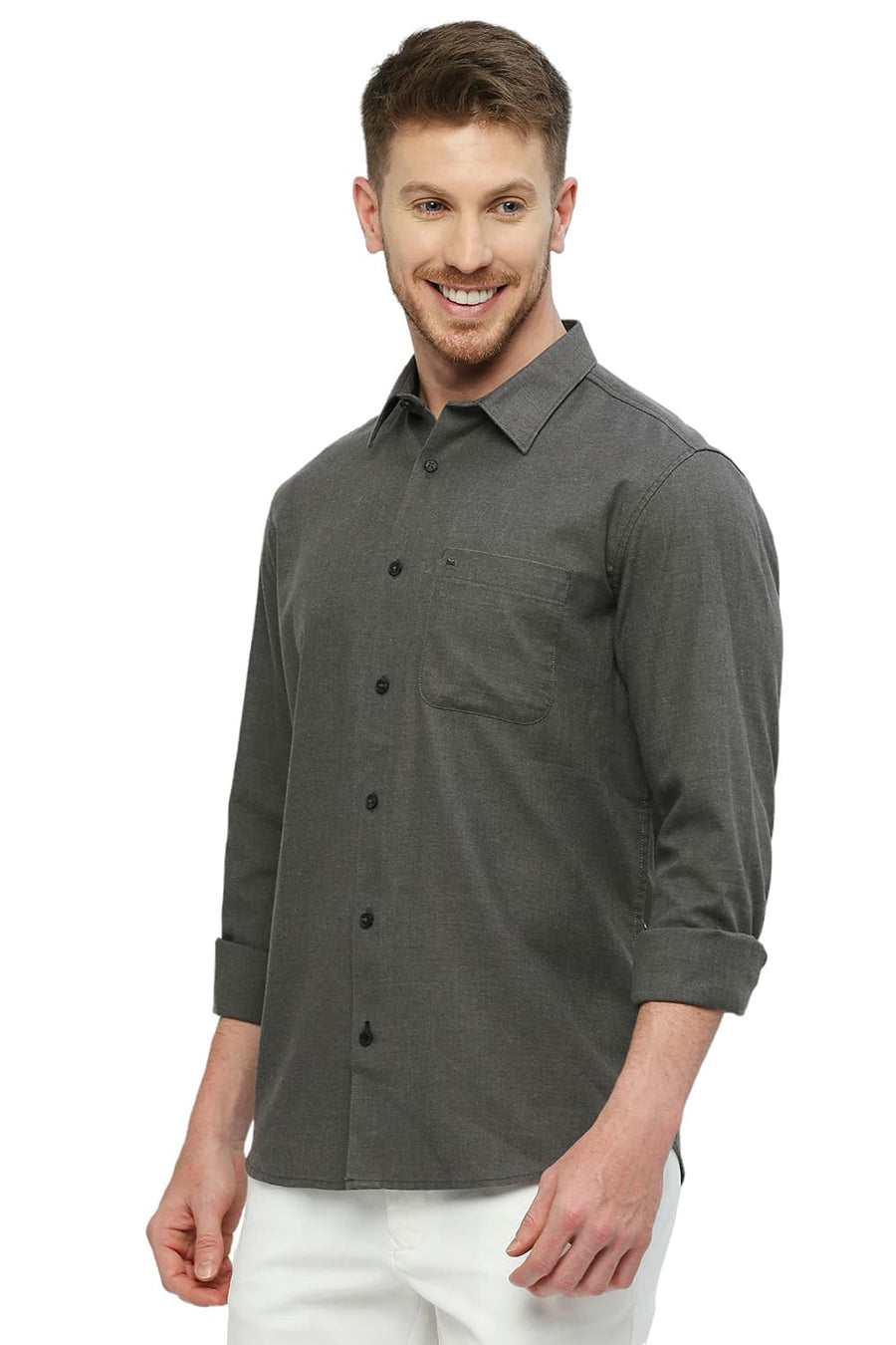 BASICS SLIM FIT SHARK GREY POLYESTER COTTON LYOCEL TWILL MELANGE SHIRT