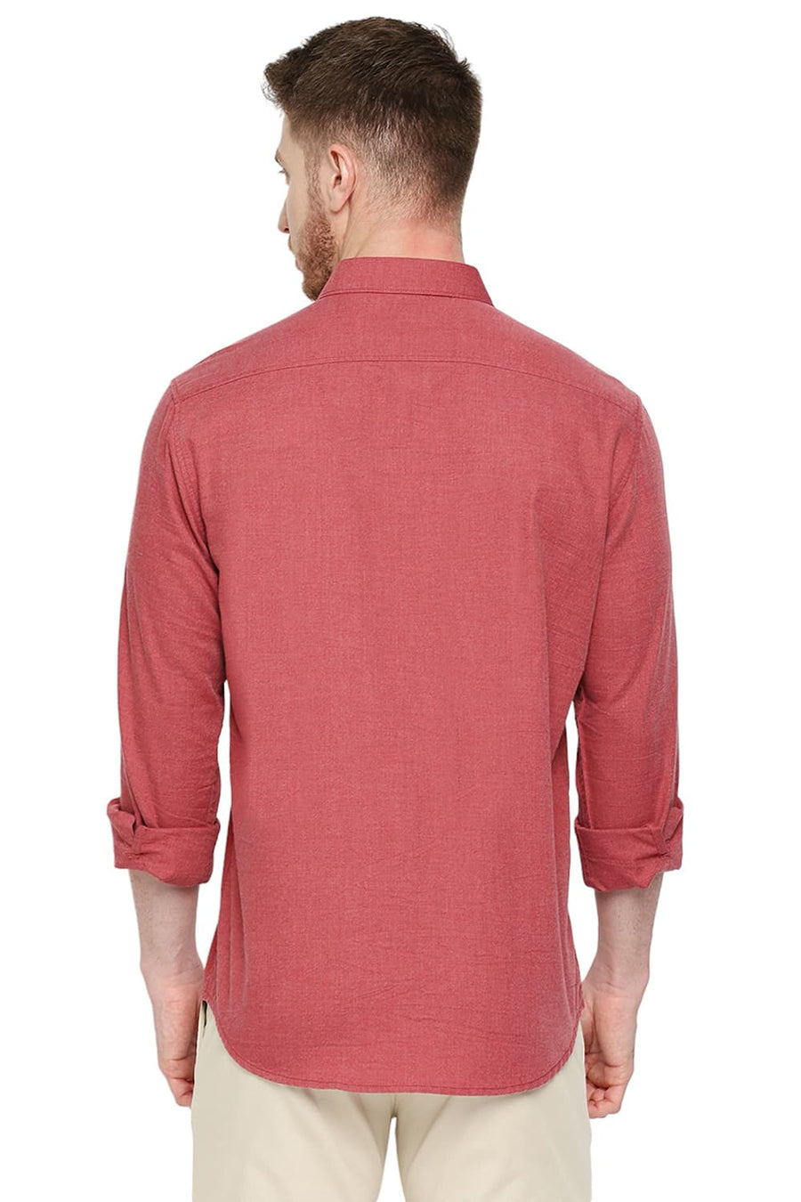 BASICS SLIM FIT RACING RED POLYESTER COTTON LYOCEL TWILL MELANGE SHIRT