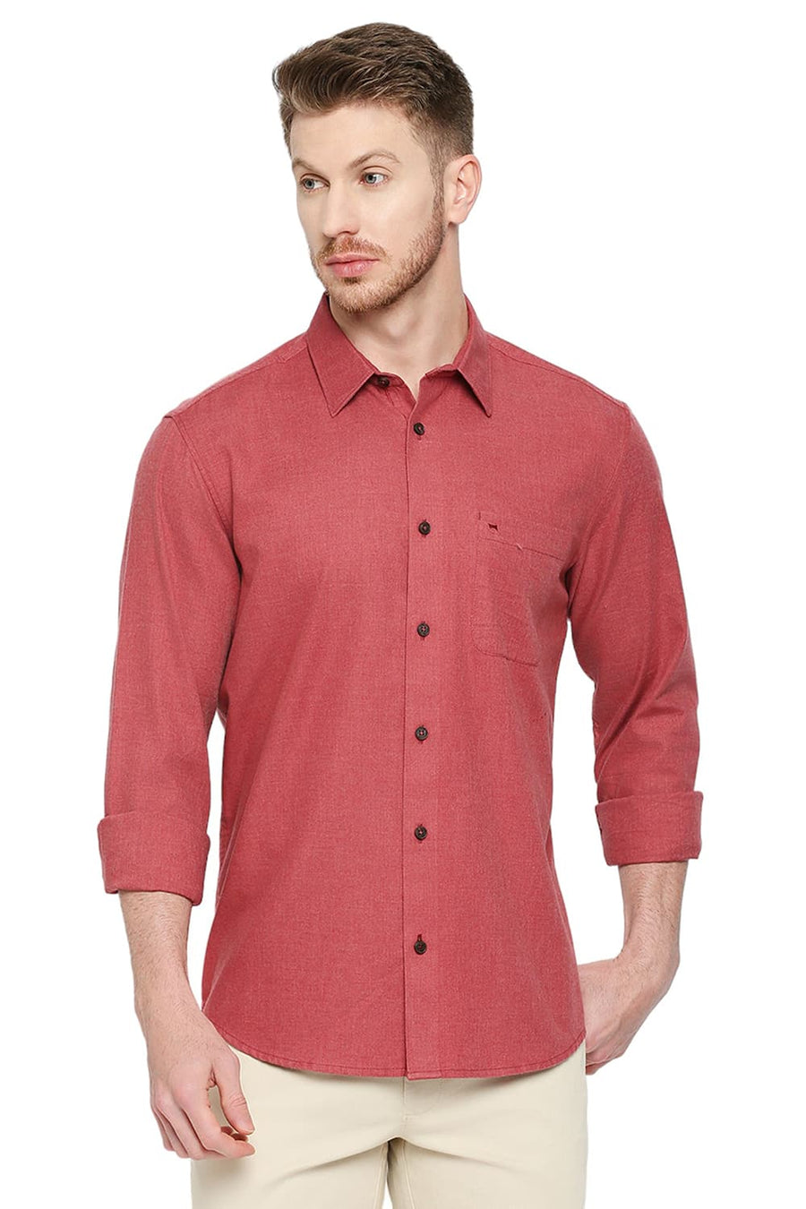 BASICS SLIM FIT RACING RED POLYESTER COTTON LYOCEL TWILL MELANGE SHIRT