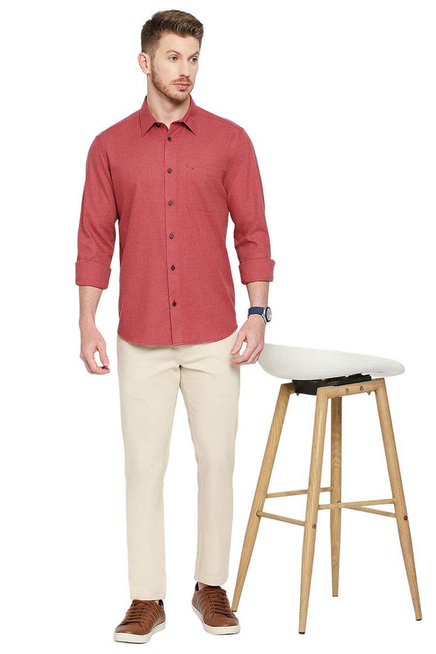 BASICS SLIM FIT RACING RED POLYESTER COTTON LYOCEL TWILL MELANGE SHIRT