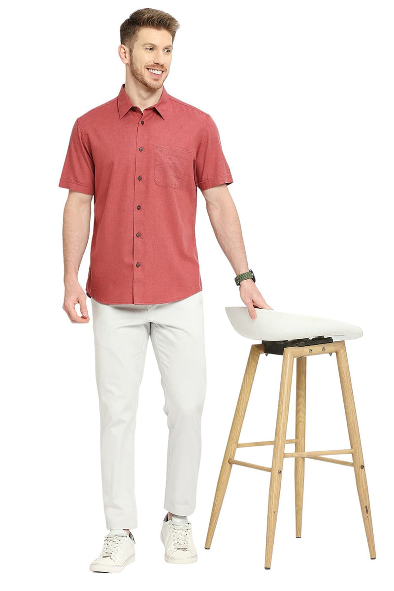 BASICS SLIM FIT POLYESTER COTTON LYOCEL TWILL MELANGE HALFSLEEVES SHIRT