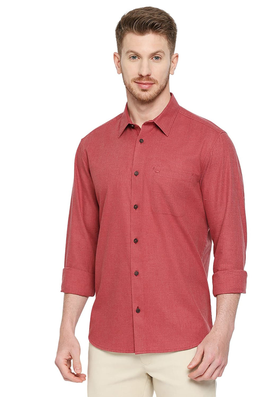 BASICS SLIM FIT RACING RED POLYESTER COTTON LYOCEL TWILL MELANGE SHIRT