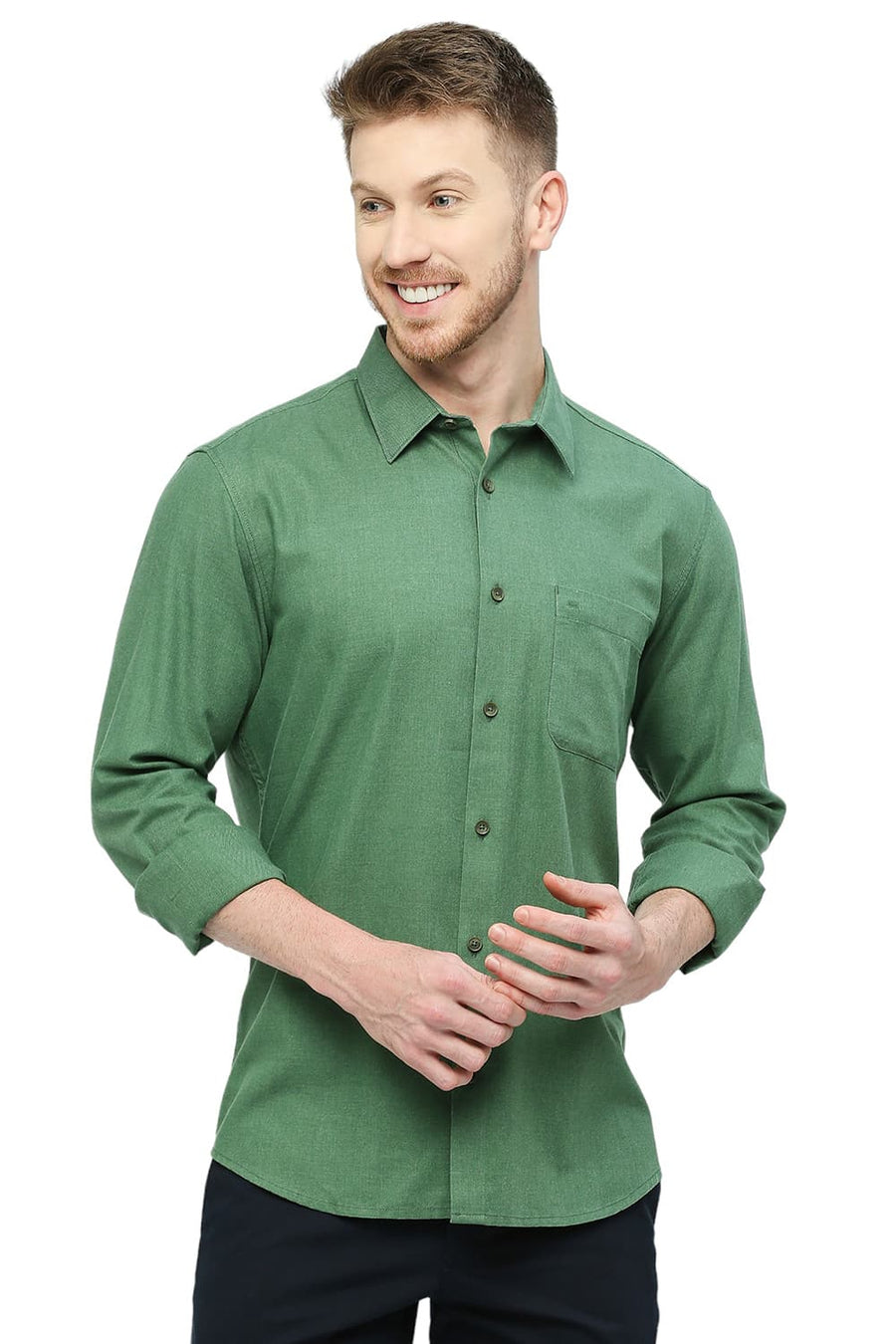 BASICS SLIM FIT PINE GREEN POLYESTER COTTON LYOCEL TWILL MELANGE SHIRT