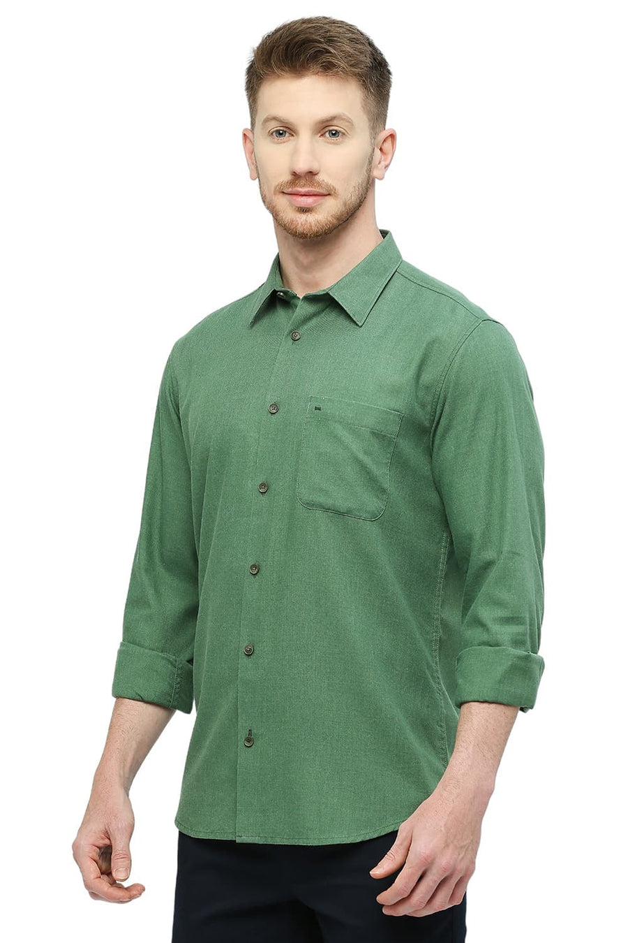 BASICS SLIM FIT PINE GREEN POLYESTER COTTON LYOCEL TWILL MELANGE SHIRT