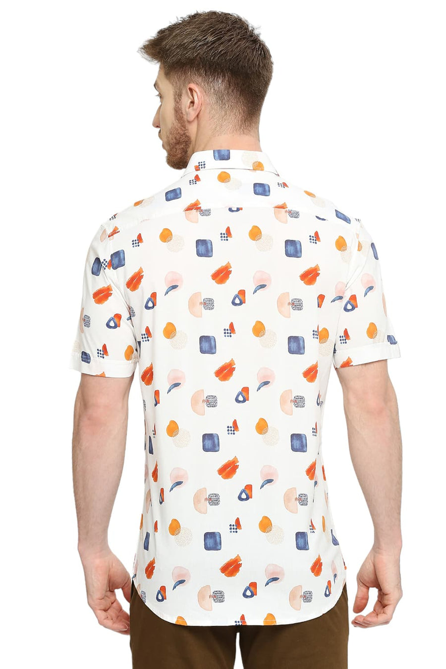 BASICS SLIM FIT COCONUT MILK WHITE COTTON VISCOSE DIGITAL PRINTED HALFSLEEVES SHIRT