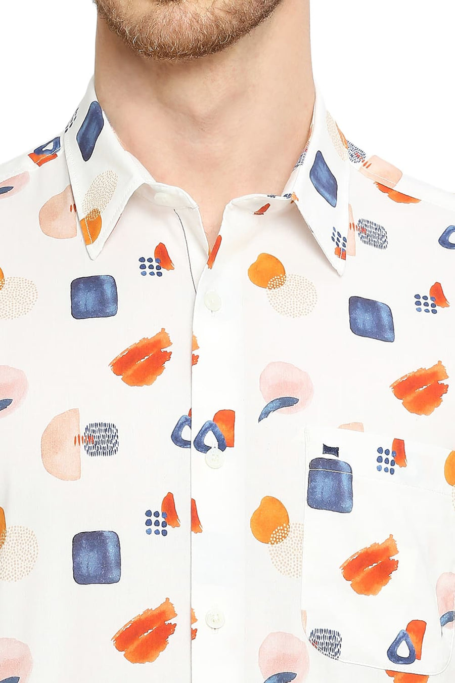 BASICS SLIM FIT COCONUT MILK WHITE COTTON VISCOSE DIGITAL PRINTED HALFSLEEVES SHIRT