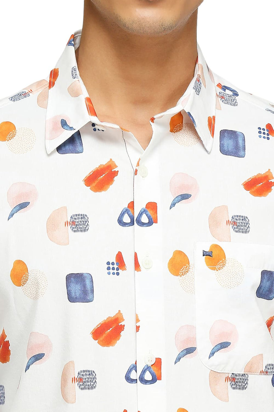 BASICS SLIM FIT COCONUT MILK WHITE COTTON VISCOSE DIGITAL PRINTED SHIRT