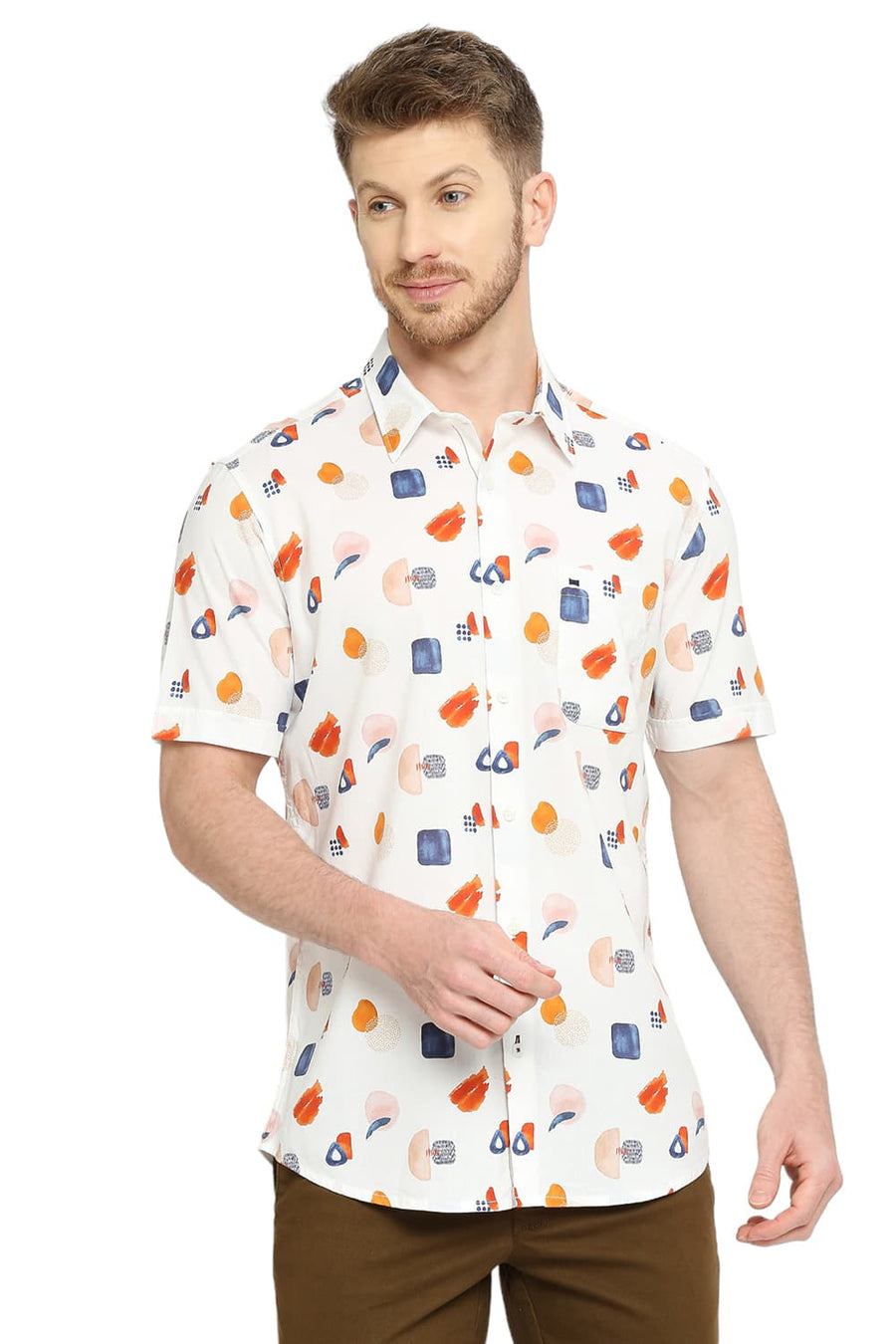BASICS SLIM FIT COCONUT MILK WHITE COTTON VISCOSE DIGITAL PRINTED HALFSLEEVES SHIRT