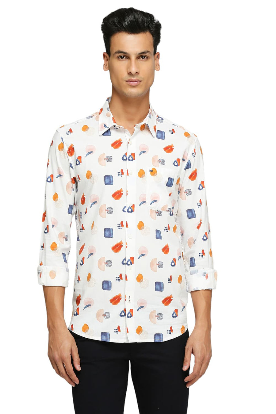 BASICS SLIM FIT COCONUT MILK WHITE COTTON VISCOSE DIGITAL PRINTED SHIRT