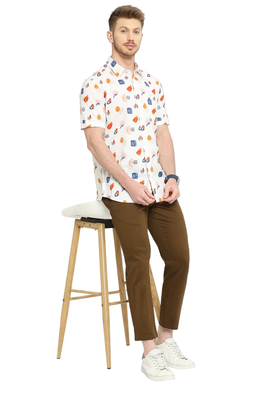 BASICS SLIM FIT COCONUT MILK WHITE COTTON VISCOSE DIGITAL PRINTED HALFSLEEVES SHIRT