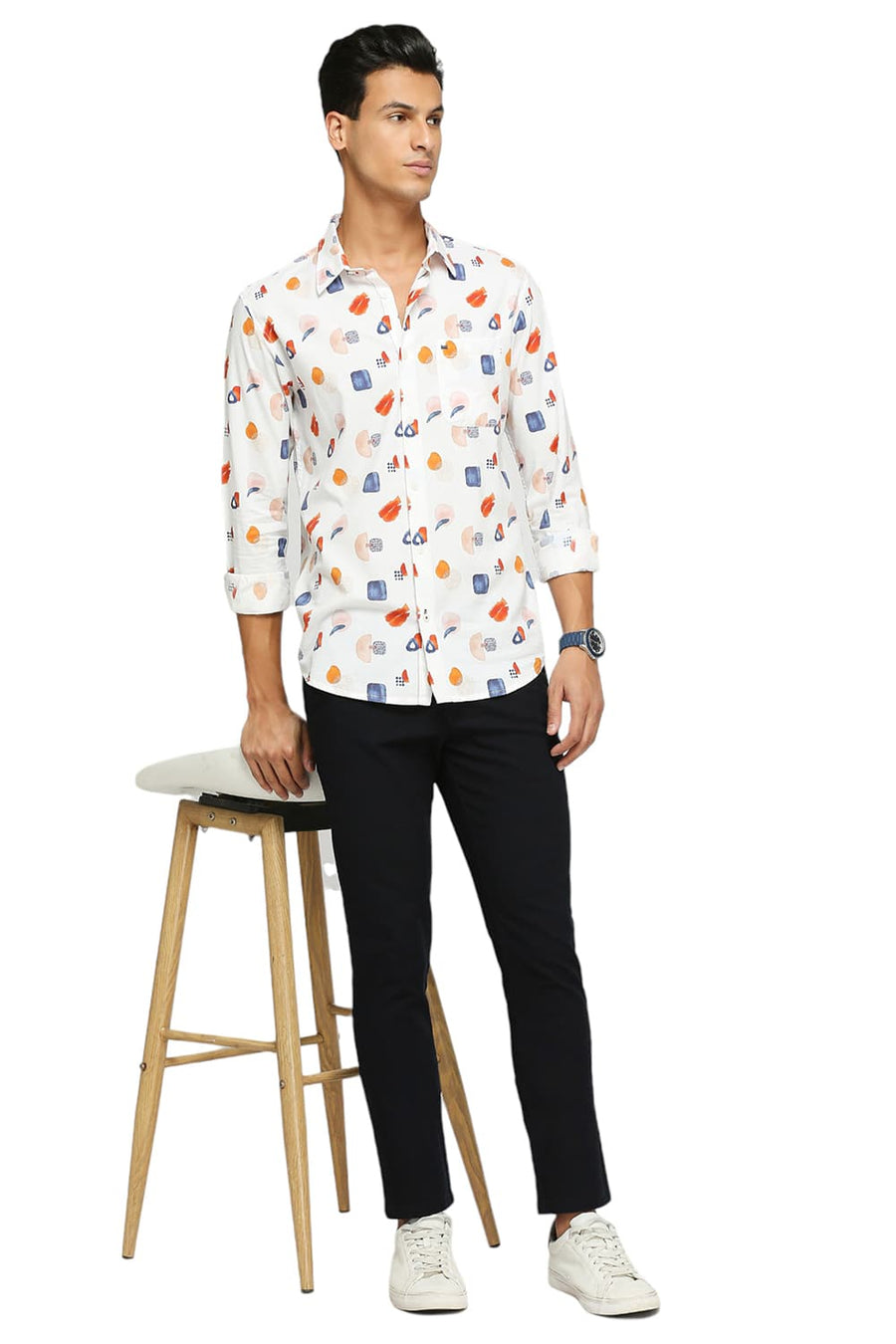 BASICS SLIM FIT COCONUT MILK WHITE COTTON VISCOSE DIGITAL PRINTED SHIRT