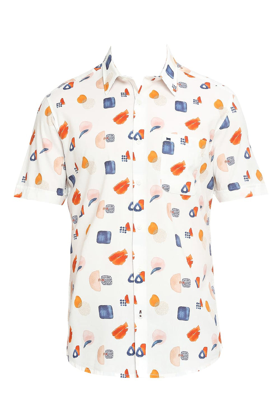 BASICS SLIM FIT COCONUT MILK WHITE COTTON VISCOSE DIGITAL PRINTED HALFSLEEVES SHIRT