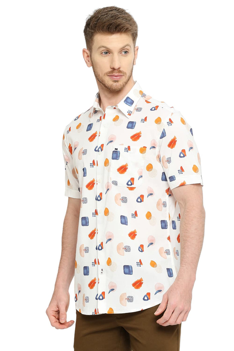 BASICS SLIM FIT COCONUT MILK WHITE COTTON VISCOSE DIGITAL PRINTED HALFSLEEVES SHIRT