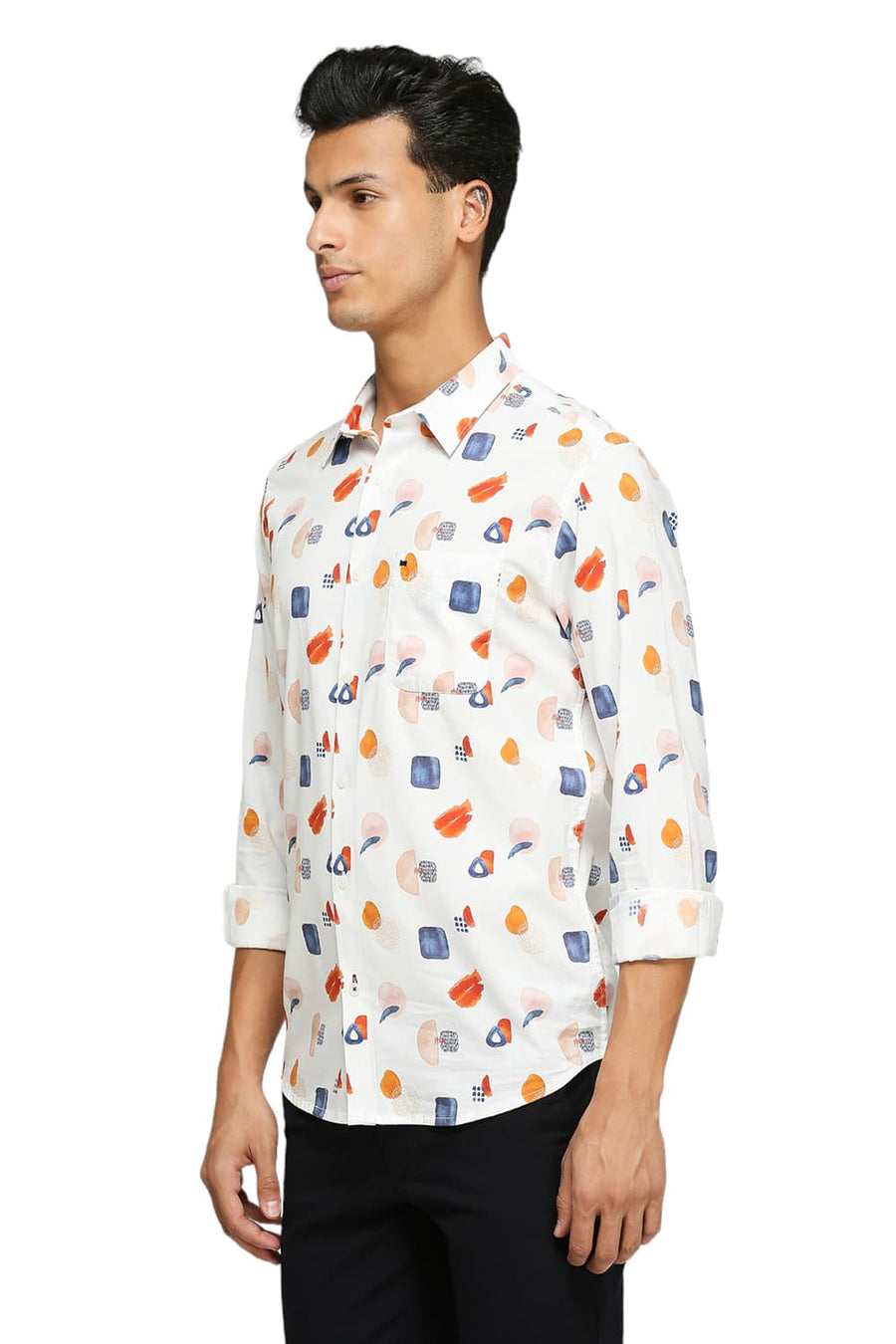 BASICS SLIM FIT COCONUT MILK WHITE COTTON VISCOSE DIGITAL PRINTED SHIRT