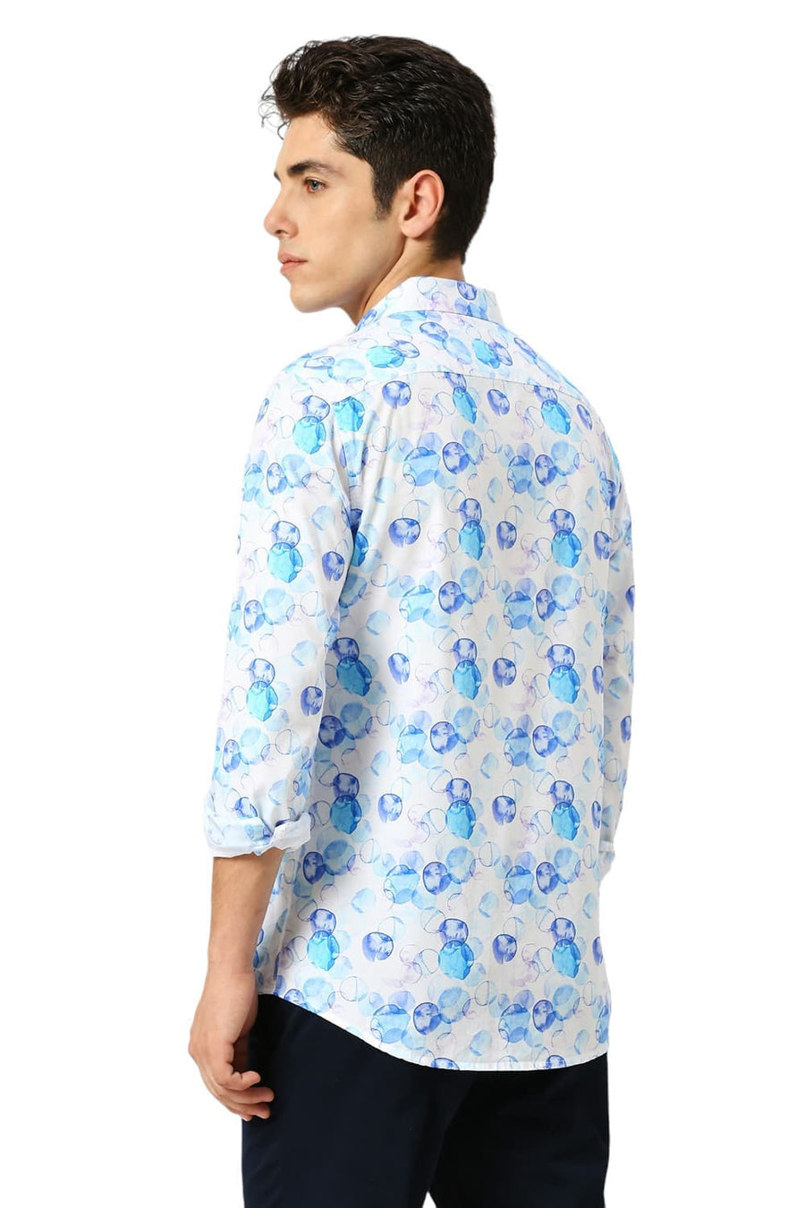 BASICS SLIM FIT ICE BLUE COTTON VISCOSE PRINTED SHIRT