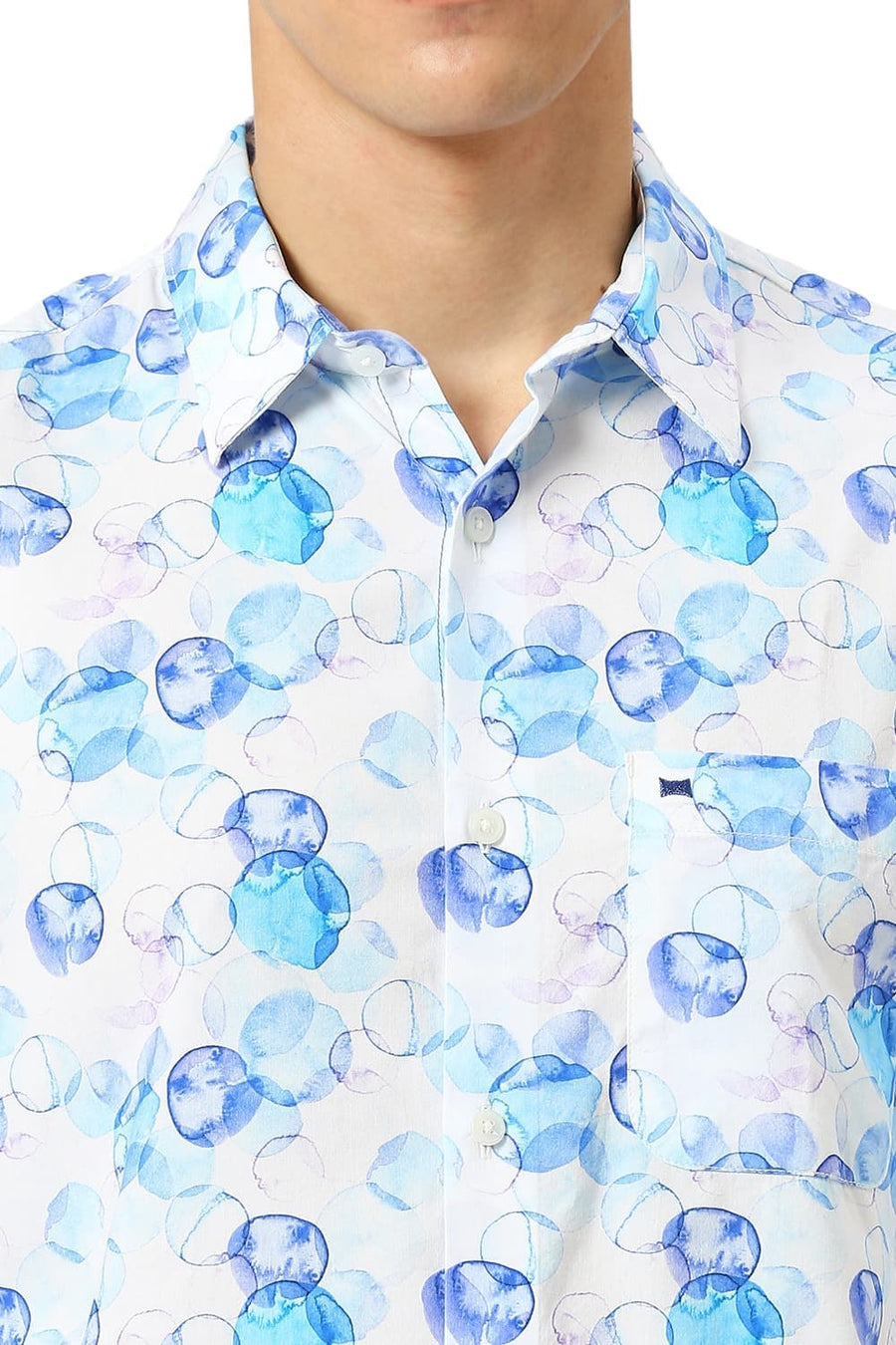 BASICS SLIM FIT ICE BLUE COTTON VISCOSE PRINTED SHIRT