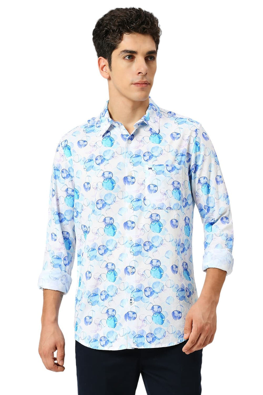 BASICS SLIM FIT ICE BLUE COTTON VISCOSE PRINTED SHIRT