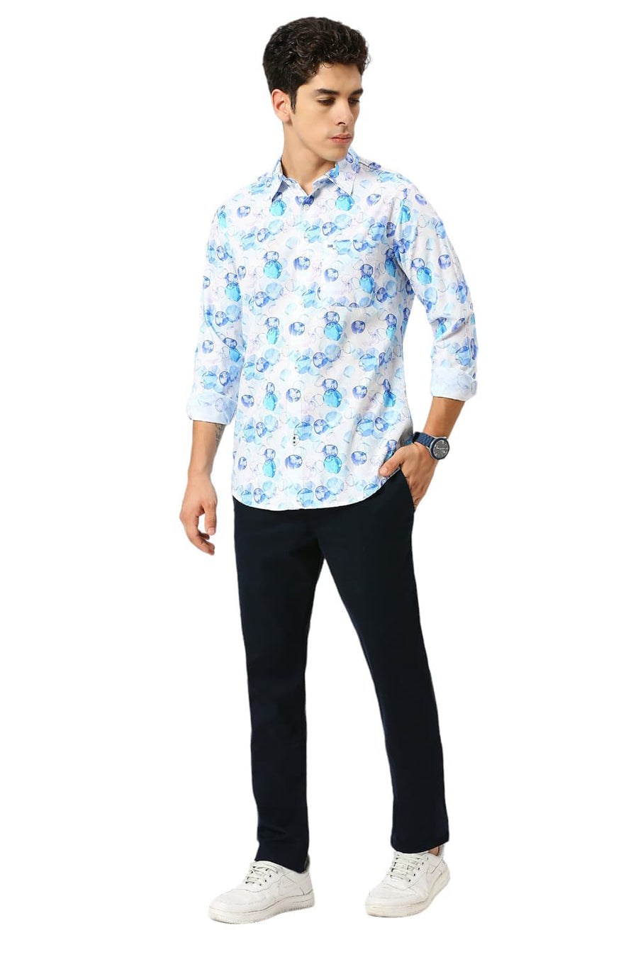 BASICS SLIM FIT ICE BLUE COTTON VISCOSE PRINTED SHIRT