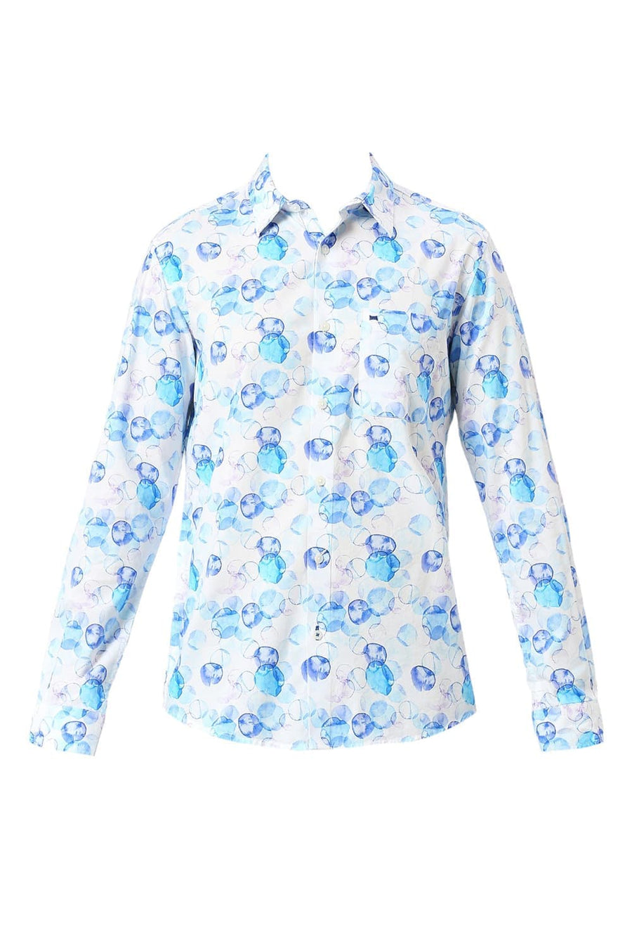 BASICS SLIM FIT ICE BLUE COTTON VISCOSE PRINTED SHIRT
