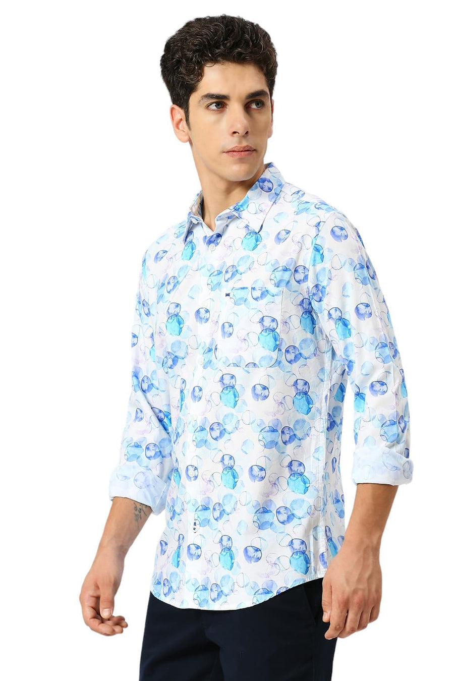 BASICS SLIM FIT ICE BLUE COTTON VISCOSE PRINTED SHIRT
